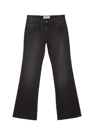 Jean en denim noir taille haute avec bouton sur le devant, zip, deux poches latérales et une légère évasement en bas.