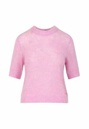 Kurzärmeliger Rundhalspullover aus weichem, hellrosa Strickmaterial mit subtiler Struktur und kleinem seitlichem Logodetail.
