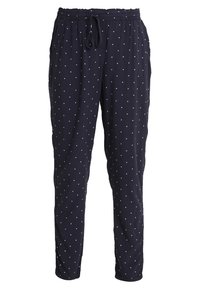 Mörkblå, lätta tygbyxor med elastisk midja, dragsko och vitt prickmönster genomgående.