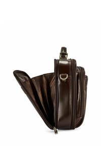 Brązowa skórzana teczka o błyszczącym wykończeniu, wyposażona w wiele przegródek i zapięcie na suwak. Uzupełniona o srebrne okucia.