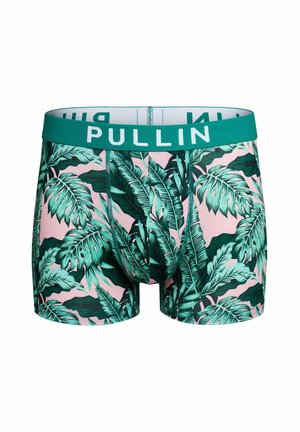Boxers pour hommes avec motif de feuilles tropicales vertes sur fond rose et ceinture verte avec l'inscription PULLIN en lettres blanches.