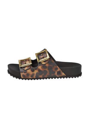 Sandalias deslizantes de estampado de leopardo con dos hebillas de oro ajustables, suela de goma negra, plantilla con textura y suela estriada para mayor agarre.