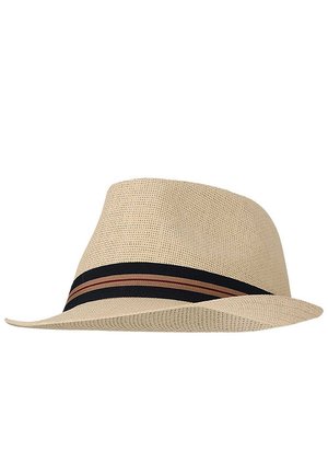 Light beige woven fedora hat with black and brown striped band around the base of the crown, curved brim.