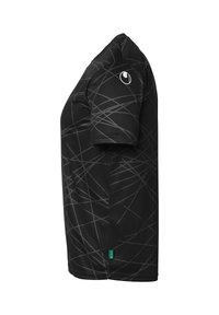 Zwart sportshirt met korte mouwen, voorzien van een grijs abstract lijnpatroon en een klein groen label aan de zoom. Zachte, synthetische stof.