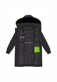 Black insulated parka with a fur-trimmed hood, green zipper accents, and a logo inside. Features pockets and care instruction tags.
