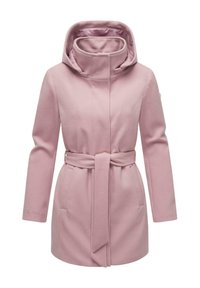 Light pink, mid-length coat with a high collar and hood. Features a belted waist, side pockets, and a soft, textured fabric.