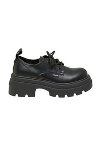 Zwarte leren veterschoenen met een ronde neus en een dikke zwart rubberen platformzool met een gepersonaliseerd ontwerp. Lus aan de hiel voor gemakkelijk aan- en uittrekken.