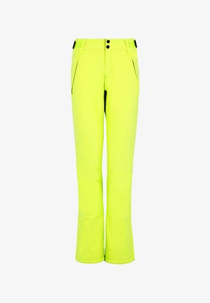 Neon žluté lyžařské kalhoty s úzkým střihem, dvěma zipovými kapsami a zpevněnými švy na dolní části nohavic. Obsahují zapínání na knoflík.