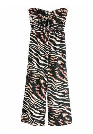 Tuta senza spalline in stampa zebra nera e beige, con parte superiore arricciata e gambe larghe a campana, realizzata in materiale leggero.