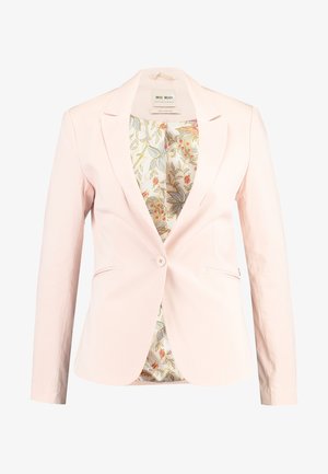 Blazer rosa chiaro con revers a punta, due tasche anteriori, chiusura a un bottone e foderato con un motivo floreale. Tessuto morbido, vestibilità su misura.