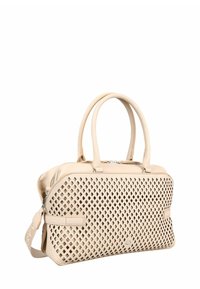 Sac à main beige avec un extérieur en treillis, double poignées, fermeture éclair et une bandoulière amovible. Caractéristiques en cuir texturé et intérieur spacieux.