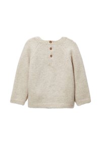 Sweater en tricot beige à manches longues, avec un col rond et trois boutons en bois à l'arrière. Présente des poignets et un ourlet côtelés.