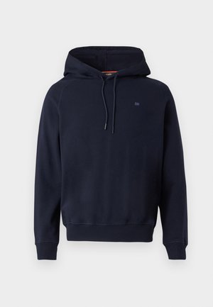 Sweatshirt azul-marinho com capuz, mangas longas, cordões frontais, punhos e bainha canelados, e pequeno logotipo no peito.