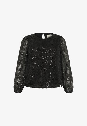 Blouse noire à manches longues en tissu texturé, avec un motif géométrique et des sequins. Elle a un col rond et une fermeture en goutte d'eau à l'arrière.