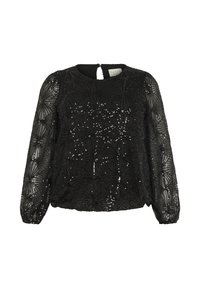 Blouse noire à manches longues en tissu texturé, avec un motif géométrique et des sequins. Elle a un col rond et une fermeture en goutte d'eau à l'arrière.