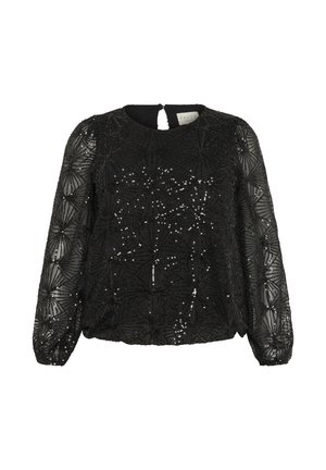 Blouse noire à manches longues en tissu texturé, avec un motif géométrique et des sequins. Elle a un col rond et une fermeture en goutte d'eau à l'arrière.