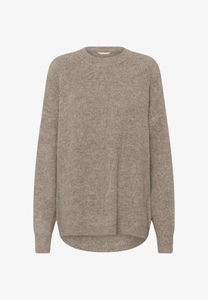 Pull en maille côtelée marron avec des manches longues et un ourlet arrondi, doté d'un col rond et d'une texture douce et confortable.