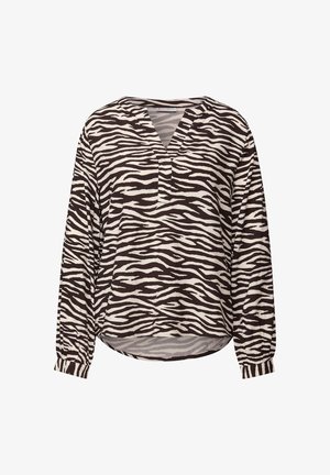 Langemouwen blouse in zwart-wit zebra patroon, met een V-halslijn, een ontspannen pasvorm en gathered manchetten voor textuur.