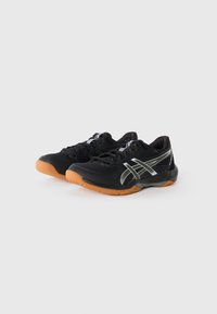Black athletic shoes with a mesh upper, silver accents, and gum rubber sole. Lightweight design with laces and padded collar for comfort.