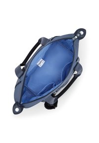 Borsa grigia con zip e manici neri; l'interno azzurro chiaro presenta scomparti e un'etichetta. Tessuto liscio e dettagli metallici rotondi.