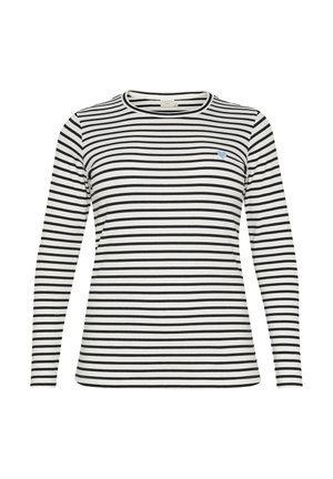 Maglietta a maniche lunghe a righe in bianco e nero, con scollatura tonda e un piccolo ricamo a forma di cuore blu sul petto.