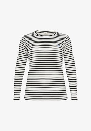 Melnbalts svītrots garām piedurknēm T-krekls ar apaļu kakla izgriezumu un mazu zilu sirds izšuvumu uz krūtīm.