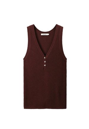 Mouwloze geribbelde breisel top in donkerbruin met V-hals en drie kleine parelachtige knopen in het midden van de voorkant.