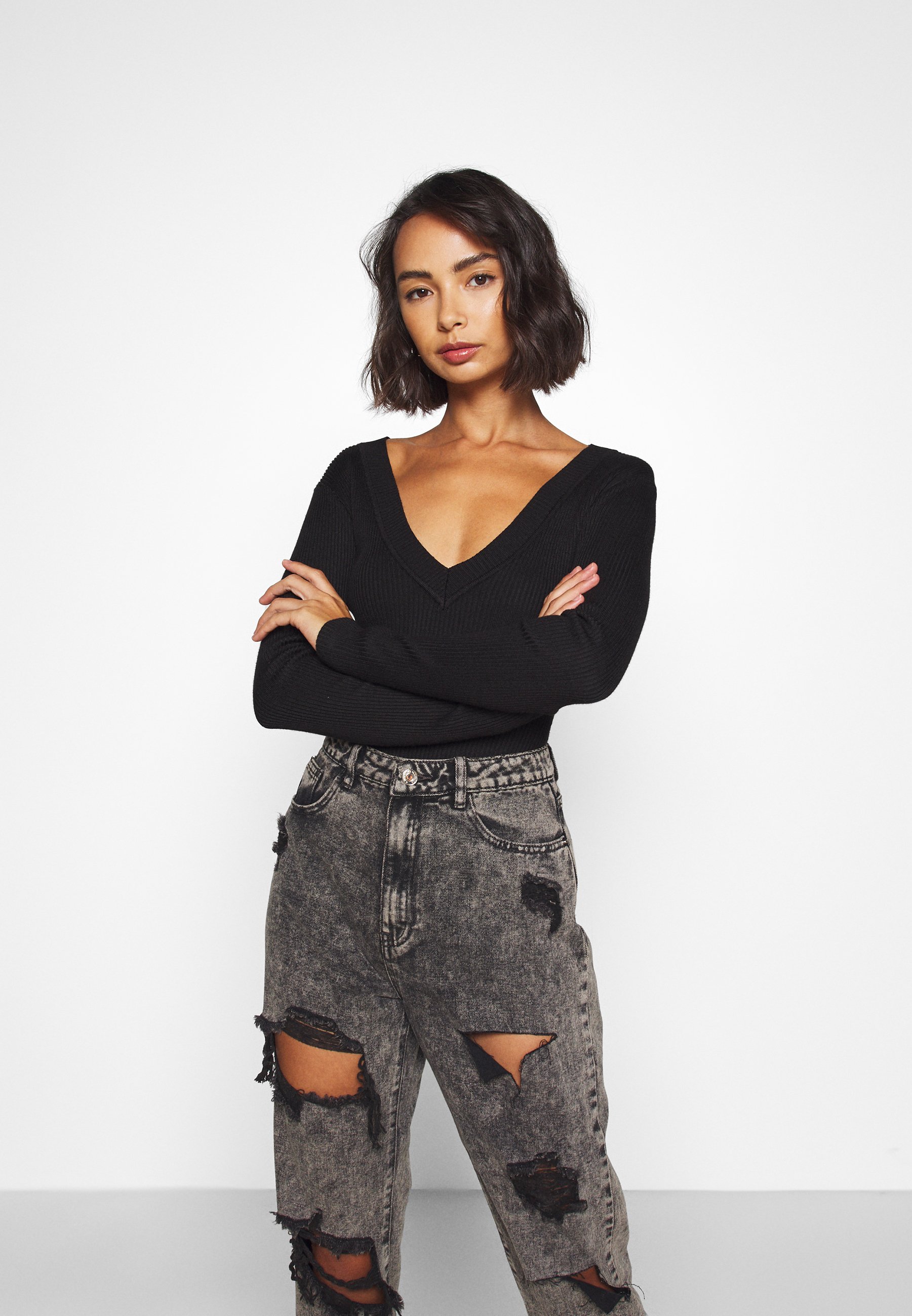 Missguided Petite SKINNY V NECK Strikkegenser black Missguided Petite RIPPED - Miniskjørt - black