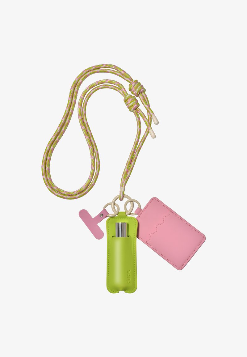 Green leather case with a silver container, attached to a pink cardholder and colorful braided cord for easy carrying.