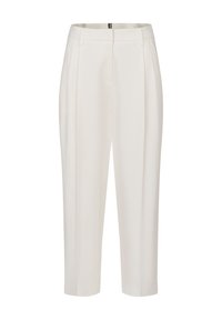 White tailored trousers with a relaxed fit, featuring front pleats, side pockets, and a smooth texture. Includes a discreet waistband closure.