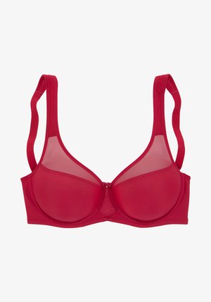 Punainen rintaliivi, jossa on tuki ja pehmustetut kupit. Yläkupit on varustettu verkkoyksityiskohdilla ja säädettävillä olkaimilla. Kiinnitys takana.