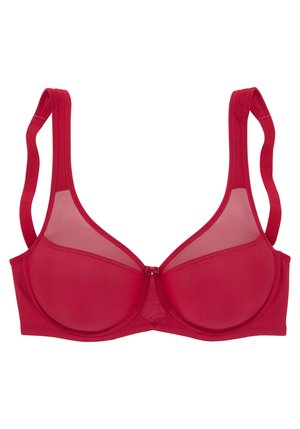Red bra with mesh accents, padded cups, and adjustable straps. Features a hook closure at the center and smooth texture.