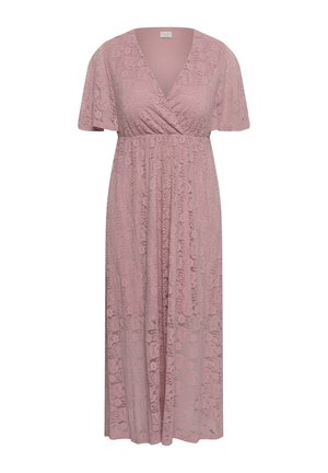 Abito midi in pizzo malva con scollo a V, maniche corte a sbuffo, vita elasticizzata e sovrapposizione in pizzo floreale.