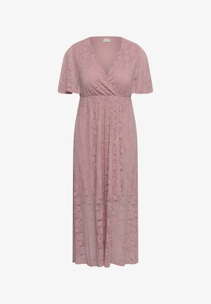 Mályva színű csipkés midi ruha V-nyakkivágással, rövid fodros ujjal, elasztikus derékrésszel és virágmintás csipke ráhajtással.