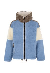 Blauwe, crème en bruine fleece jas met volledige rits aan de voorkant en capuchon, met trekkoorden en ritszakken aan de zijkanten.