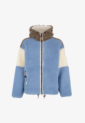 Blauwe, crème en bruine fleece jas met volledige rits aan de voorkant en capuchon, met trekkoorden en ritszakken aan de zijkanten.