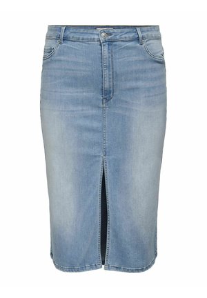 Gaišzilā džinsu svārki ar zīmolu siluetu. Iekļauj priekšējo šķelmi, piecu kabatu dizainu un jostas cilpas viduklī.