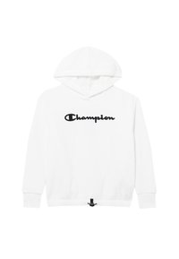 White hooded sweatshirt with long sleeves, black "Champion" logo across chest, and adjustable drawstring at bottom hem.