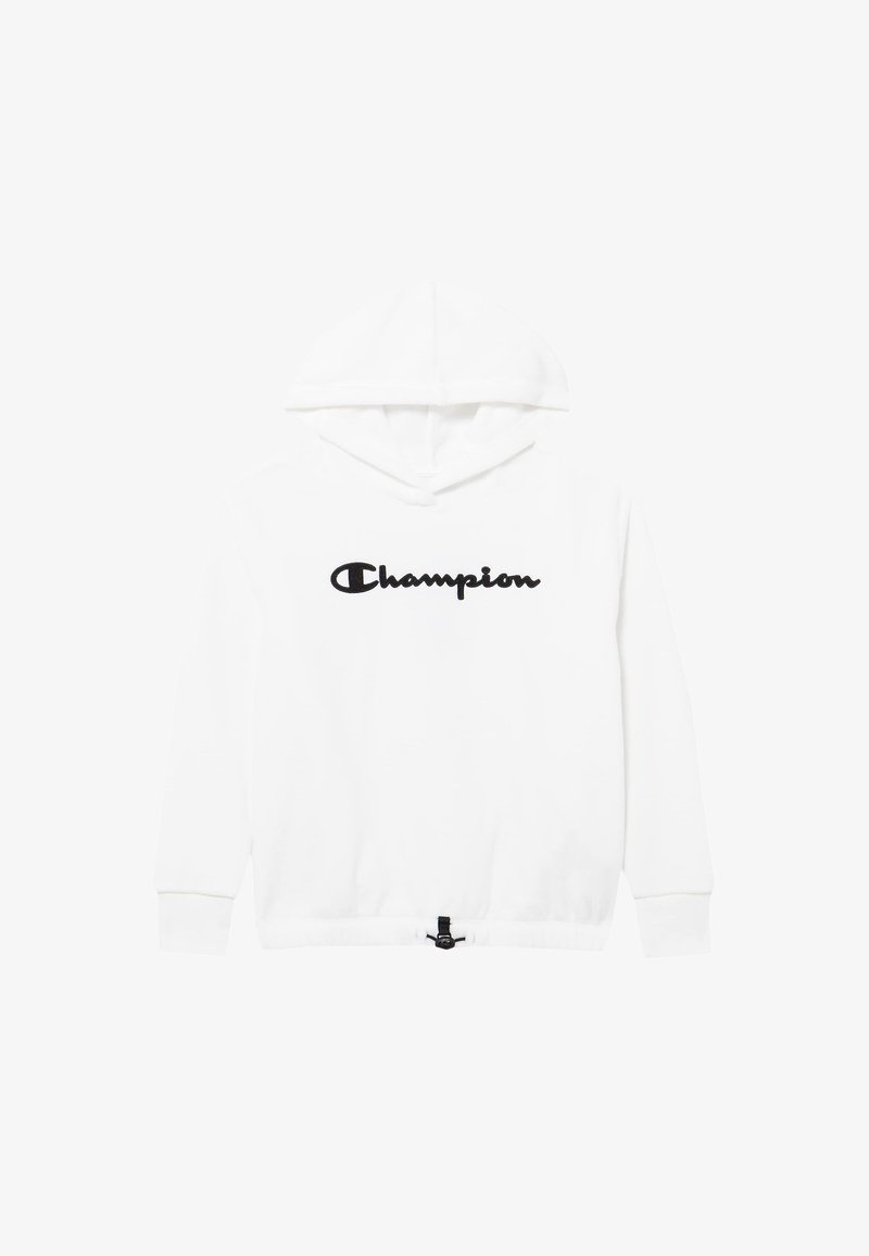 White hooded sweatshirt with long sleeves, black "Champion" logo across chest, and adjustable drawstring at bottom hem.