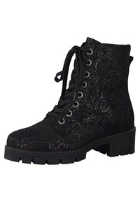 Bottines noires avec un motif floral texturé, bout rond, lacets à l'avant et un talon épais. Fabriquées en matériau synthétique.