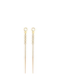 Orecchini a catena in oro con anelli circolari, accentuati da catene allungate. Finitura lucida; design leggero per un indossamento facile.