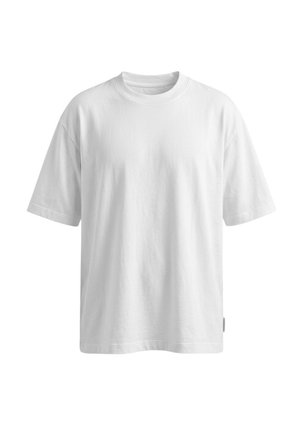 T-shirt bianca semplice a maniche corte con scollo tondo e vestibilità comoda, mostrata su sfondo bianco.