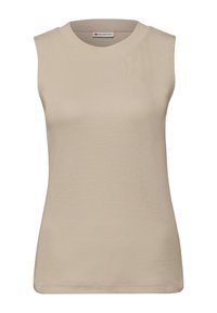 Beżowy top bez rękawów z prążkowanej tkaniny, z okrągłym dekoltem i dopasowanym fasonem, z gładkimi krawędziami i bez widocznych zapięć.