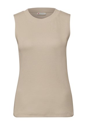 Béžový top bez rukávů z žebrované látky, s kulatým výstřihem a přiléhavým střihem, s hladkými okraji a bez viditelných zapínání.