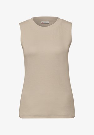 Beżowy top bez rękawów z prążkowanej tkaniny, z okrągłym dekoltem i dopasowanym fasonem, z gładkimi krawędziami i bez widocznych zapięć.