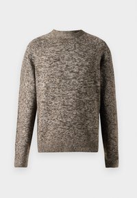Textured, knit sweater in brown hues with a crew neck and long sleeves. Features a relaxed fit and ribbed cuffs and hem. No patterns or embellishments.