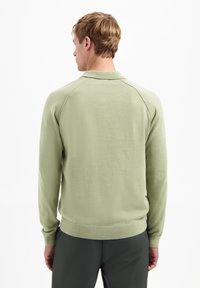 Lichtgroene trui met een kraag, ribbelmanchetten en zoom, met een gladde textuur en raglanmouwontwerp. Achteraanzicht weergegeven.