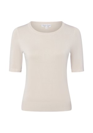 Haut en maille à manches courtes de couleur crème avec encolure ronde et ourlet côtelé, taille petite, de la marque Marie Lund Copenhagen.