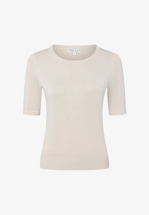 Hellbeiges Strickoberteil mit kurzen Ärmeln, rundem Halsausschnitt und geripptem Saum, Größe S, von der Marke Marie Lund Copenhagen.