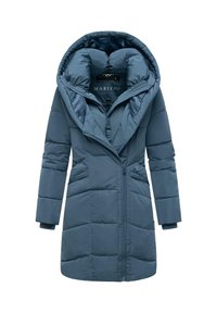 Blue puffer coat with a large hood, featuring a front zipper, vertical quilting, and ribbed cuffs. Textured, warm, and water-resistant fabric.